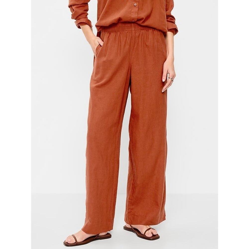 Old Navy NWT LARGE Coral High-Waisted Linen-Blend Super Wide-Leg Pants